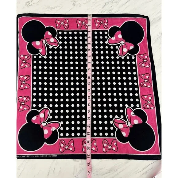 Disney Minnie Mouse Scarf Bandana Handkerchief Pink Black White Polka Dot Cotton - Picture 6 of 6